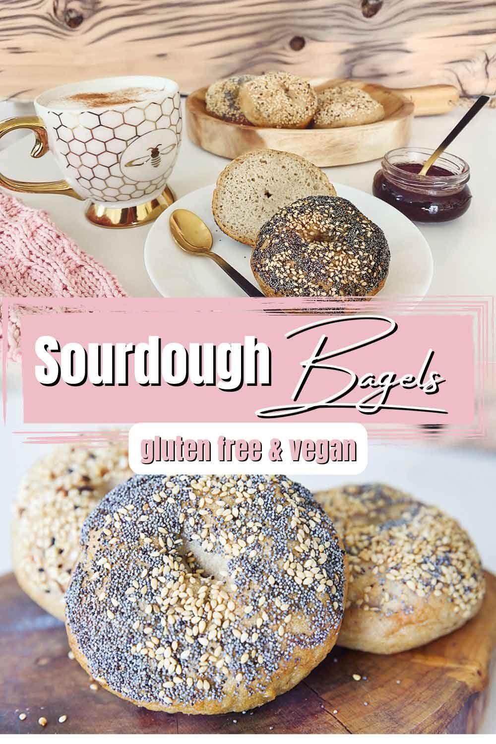 Enjoy these easy & delicious gluten free bagels with your Sunday morning latte! The best part is you absolutely can not tell they are gluten free. I promise! They are free from xanthan gum, guar gum & commercial yeast! These tasty bagels are traditional Canadian Montreal style, slightly sweeter (they are boiled in water sweetened with Canadian maple syrup or honey) and a little smaller smaller than New York style bagels. They are slightly crispy on the outside and chewy on the inside. These gluten free bakes are incredibly tasty with the perfect chewiness you've come to expect from a high quality bagel! If you're gluten free, dairy free, or vegan and miss eating bagels, you're going to love this recipe! Sourdough bagel recipe, gluten free sourdough bagels, gluten free vegan sourdough bagels, gluten free vegan, gluten free bagel recipe, gluten free bagels