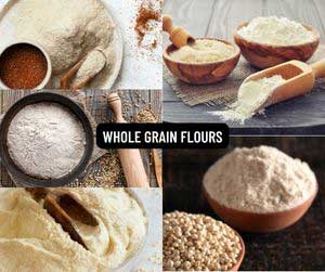 Whole grain flours are made from the entire grain including the outer bran layer (fibre) and both the endosperm (middle layer - starchy) and the germ layer (nutrient core).