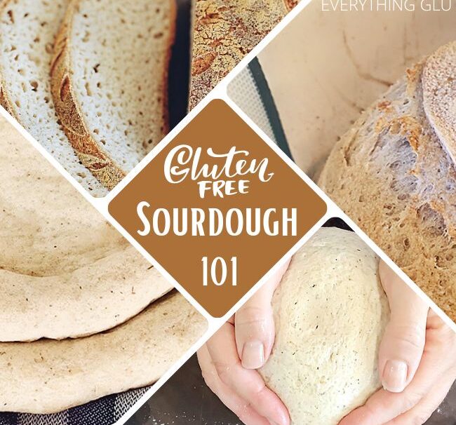 This Gluten Free Sourdough 101 Guide is everything you need to make incredible gluten free sourdough bread! From making your own gluten free sourdough starter from scratch, to maintaining a sourdough starter, to baking artisan gluten free sourdough bread, gluten free pizza crust, gluten free sourdough bagels, muffins & much more! Includes step by step videos that take you through how to make a gluten free sourdough bread loaf the easy way! Each part of the recipe is broken down into easy steps. You can then use this as a guide to not only follow other recipes and sourdough formulas but also create your own variations!Gluten Free Bread, gluten free sourdough bread, sourdough recipe