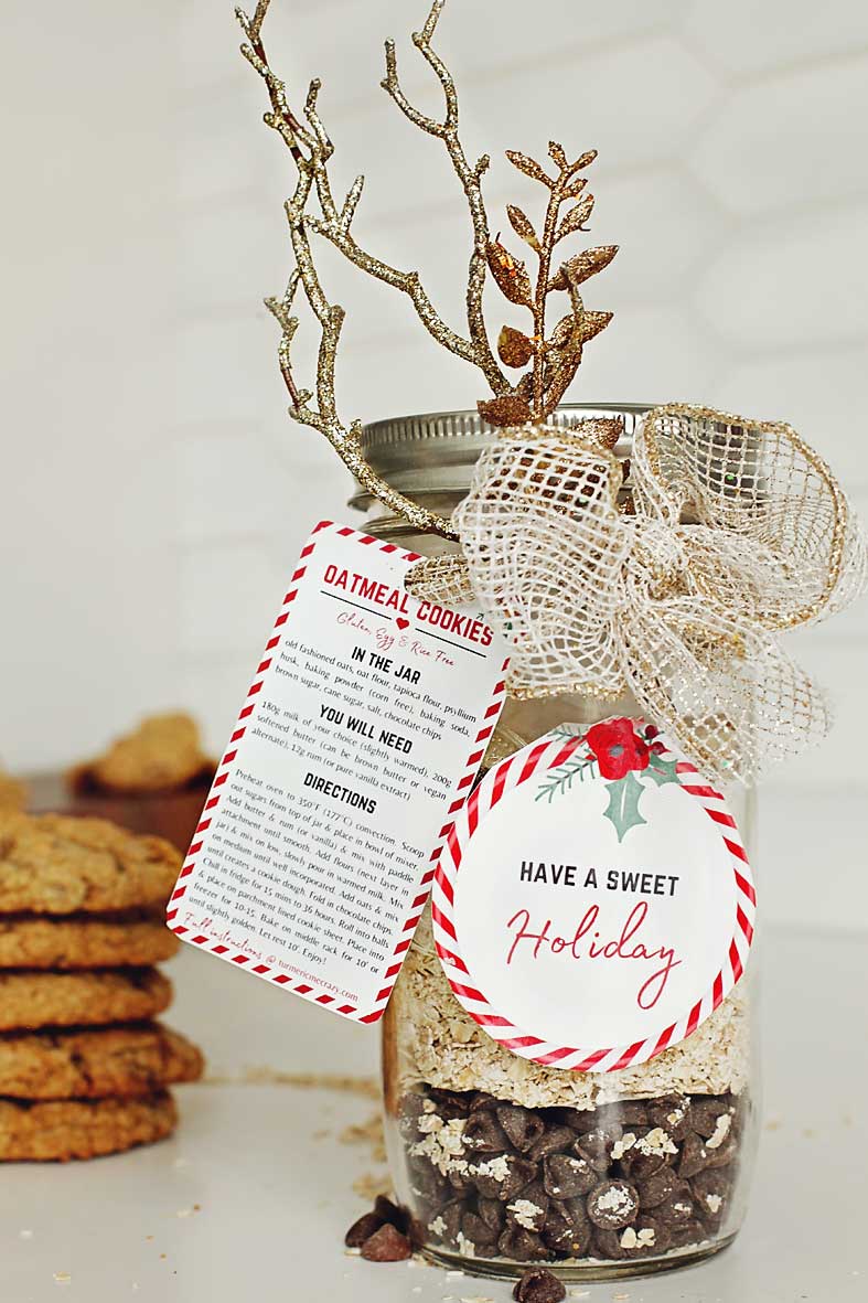 Gluten free & egg free, these oatmeal chocolate cookies are the perfect treat! Mom has even shared her secret ingredient! These delicious cookies are rice free too. Make these gluten free oatmeal chocolate chip cookies in a jar for the perfect DIY Hostess Gift this holiday season! Cookies in a jar, Christmas gift ideas, hostess gift idea, brown butter chocolate chip cookies, mason jar gifts