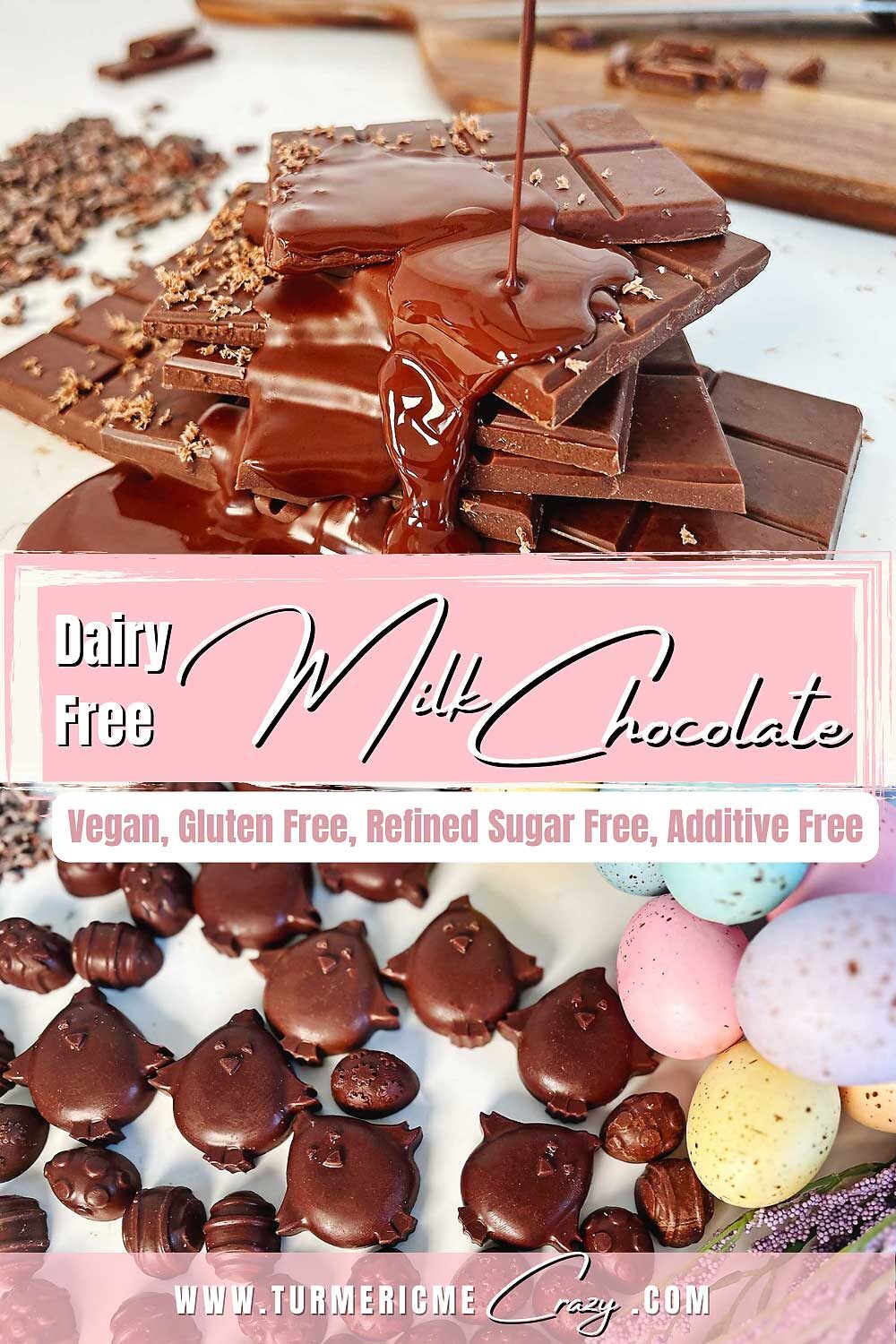 Make 100% natural, delicious dairy free milk chocolate just in time for the Easter Bunny! This homemade chocolate is vegan & free from processed sugars & additives. Made with just 4 natural ingredients they are quick & easy to make! Add in your favourite natural flavourings and make the perfect vegan milk chocolate treat! #plant based chocolate, #dairy free chocolate, #vegan chocolate, #milk chocolate