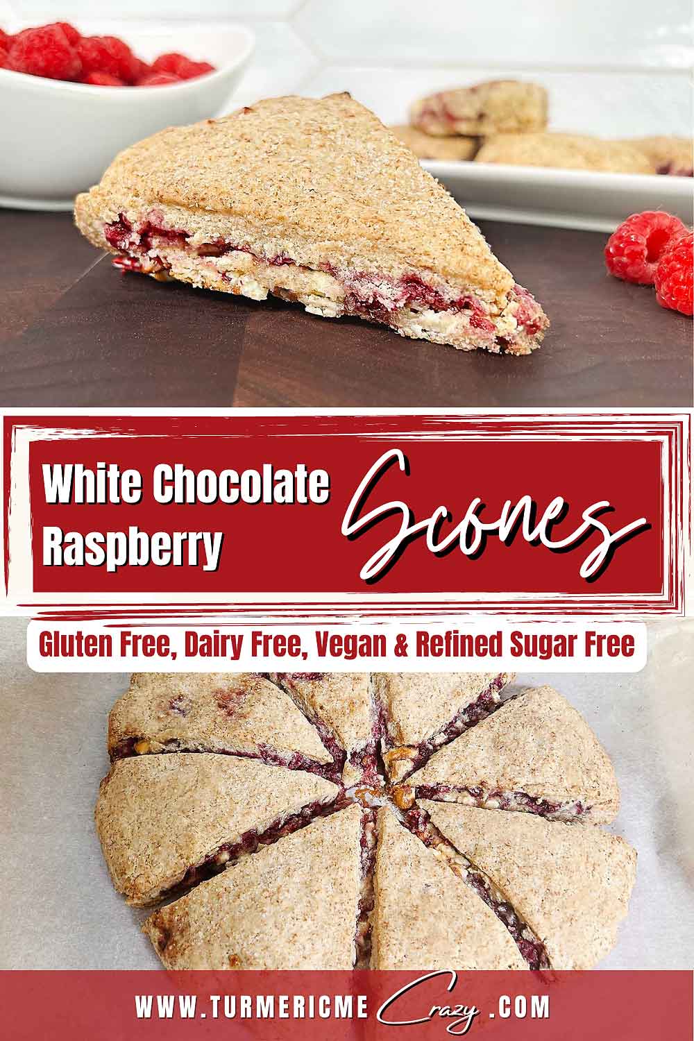 These incredibly delicious White Chocolate Raspberry Scones are gluten free, dairy free & also vegan! Free from processed sugars & additives, these scones will blow you away! white chocolate raspberry scones, gluten free scones, scones, gluten free & vegan recipes, scone recipe, gluten and corn free recipes gluten and dairy free gluten dairy egg corn free, gluten egg and corn free recipes, gluten free & dairy free recipes, gluten free & vegan, gluten free baking, gluten free bakes, gluten free treats, baking, biscuits, dairy free recipes, egg free baking, egg free recipes, gluten free vegan dessert, gluten free biscuits, gluten free dessert, gluten free diet, gluten free muffins, gluten free vegan recipes, psyllium husk, sorghum flour recipe, turmericmecrazy, vegan desserts, vegan recipes