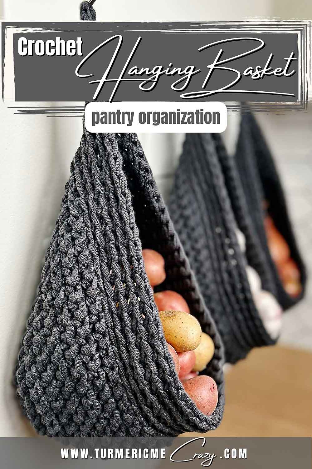 Make a gorgeous crochet hanging basket for simple and beautiful pantry organization. This pantry idea is both stunning and functional! #pantryidea, pantry organization, pantry idea, crochet patterns, free crochet pattern, crochet hanging basket, pantry idea, pantry design