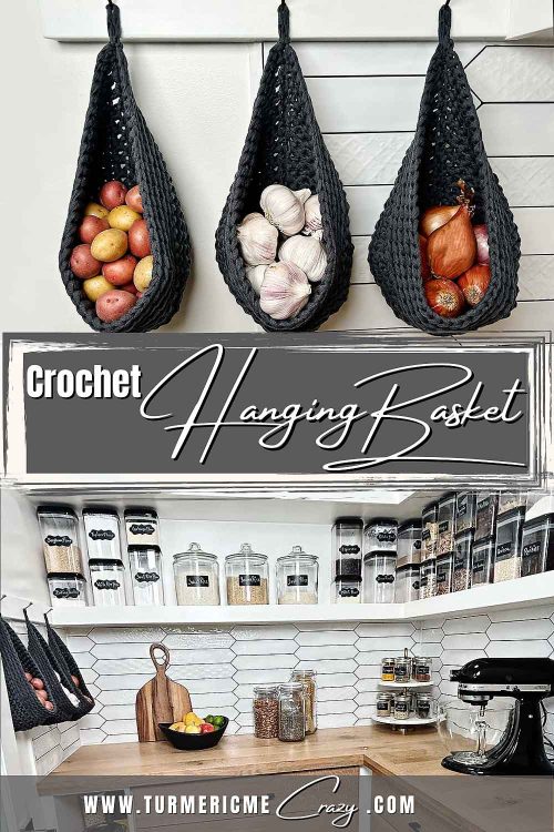 Make a gorgeous crochet hanging basket for simple and beautiful pantry organization. This pantry idea is both stunning and functional! #pantryidea, pantry organization, pantry idea, crochet patterns, free crochet pattern, crochet hanging basket, pantry idea, pantry design